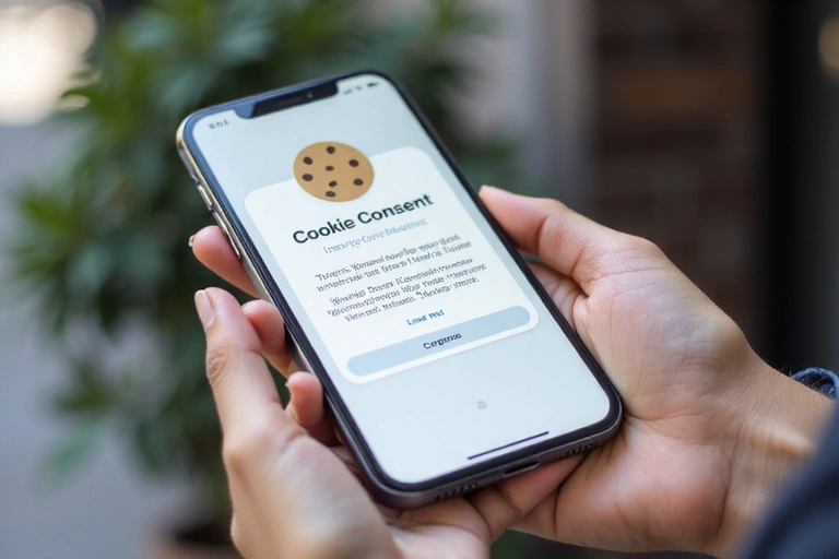 A person's hand holding a smartphone with a cookie consent pop-up on the screen, illustrating user choices for privacy.