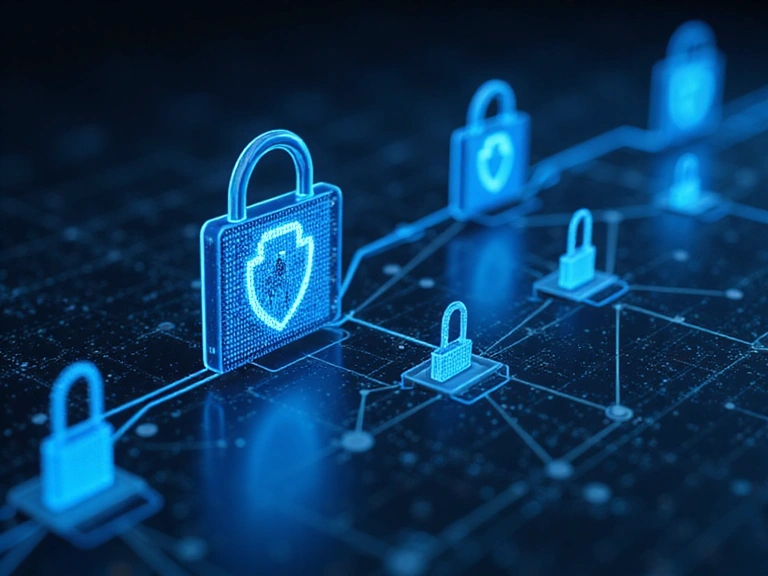 Abstract visualization of data flow and privacy, with secure locks and a shield icon, representing data protection.