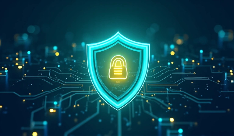 Cybersecurity shield protecting data with abstract digital background