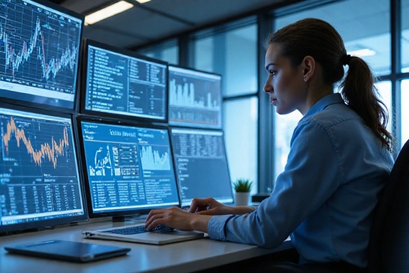 Illustration of a financial analyst working with complex data visualizations and reports.