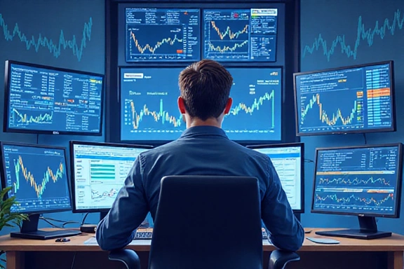 Illustration of a person analyzing stock charts on multiple screens, representing an individual investor.