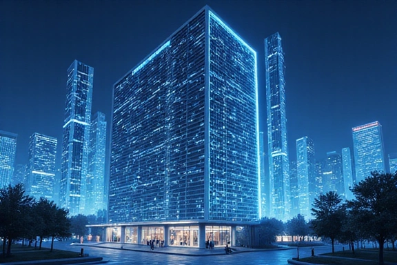 Illustration of a large corporate building with data flowing around it, representing enterprise financial systems.